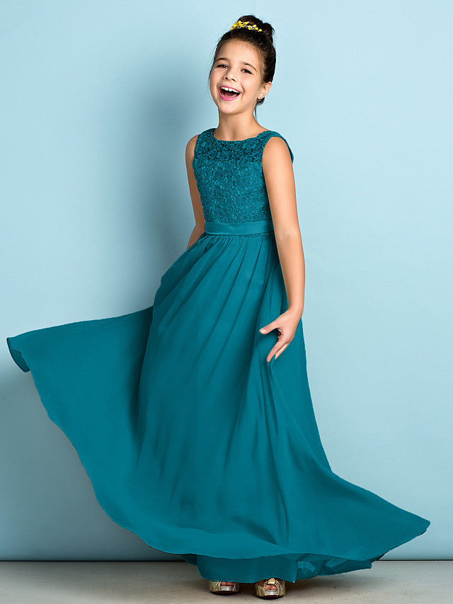 Elegant A-Line Floor Length Lace Junior Bridesmaid Dress