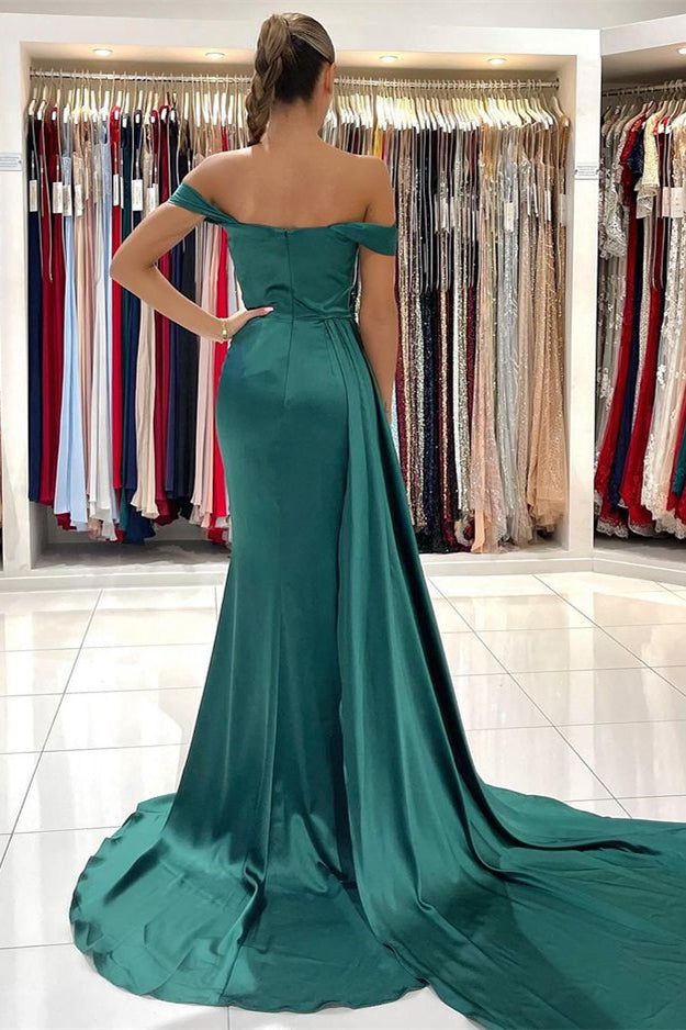 Mermaid Dark Green Off-the-Shoulder Prom Dress Split With Ruffles