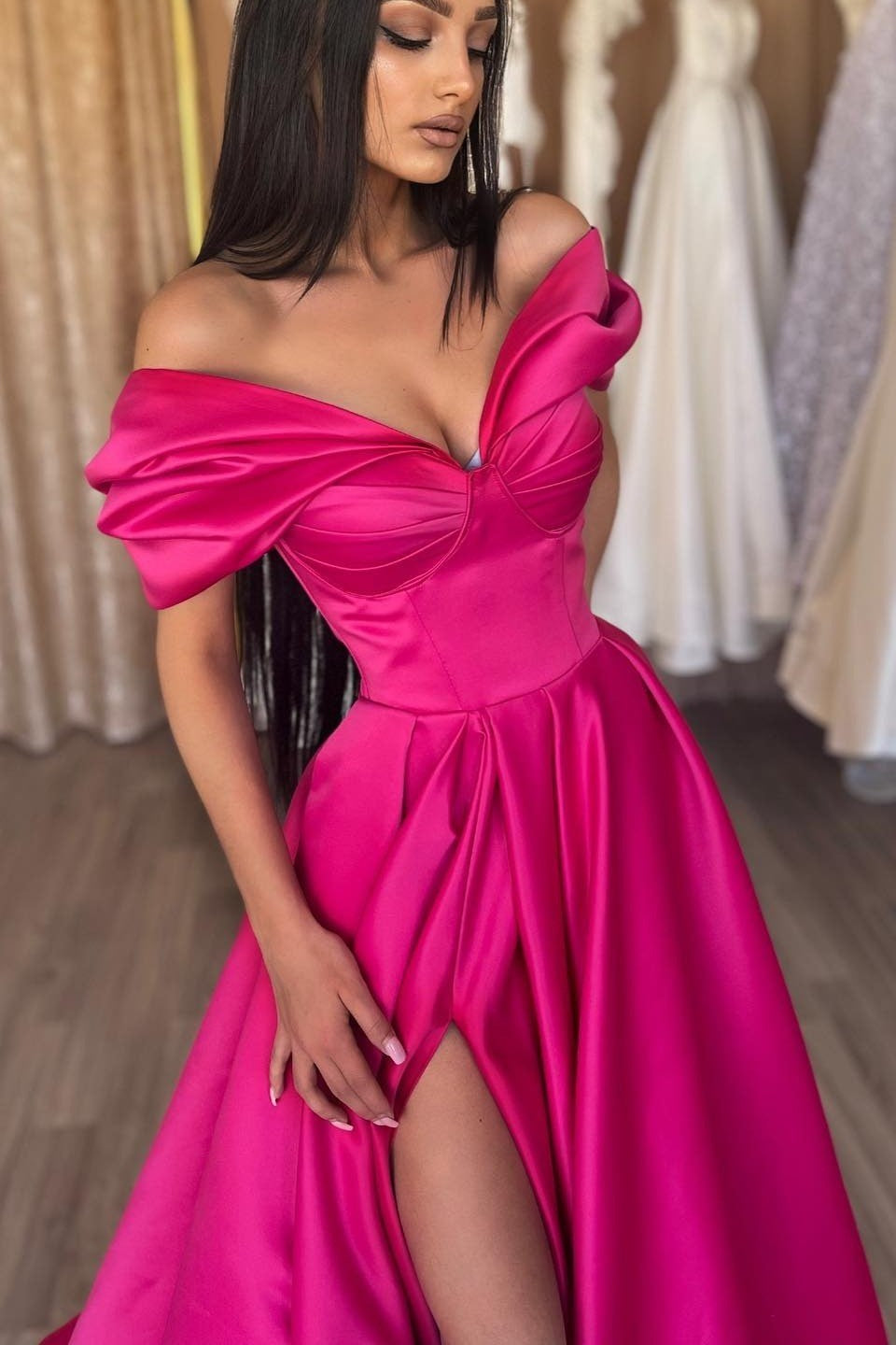 A-Line Prom Dress with Fuchsia Portrait and Split Detail