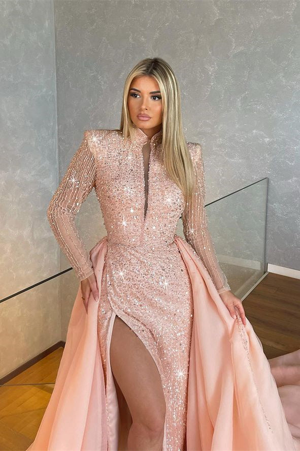 Long Sleeves High Collar Sequins Light Pink Mermaid Evening Dress With Split
