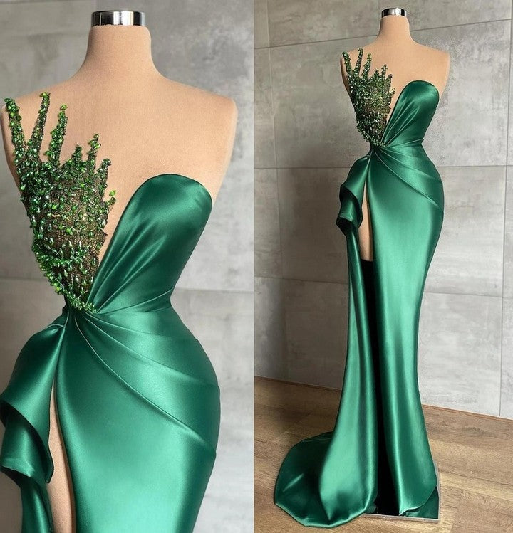 Gorgeous Emerald Green Mermaid Evening Dress With Splits & Appliques