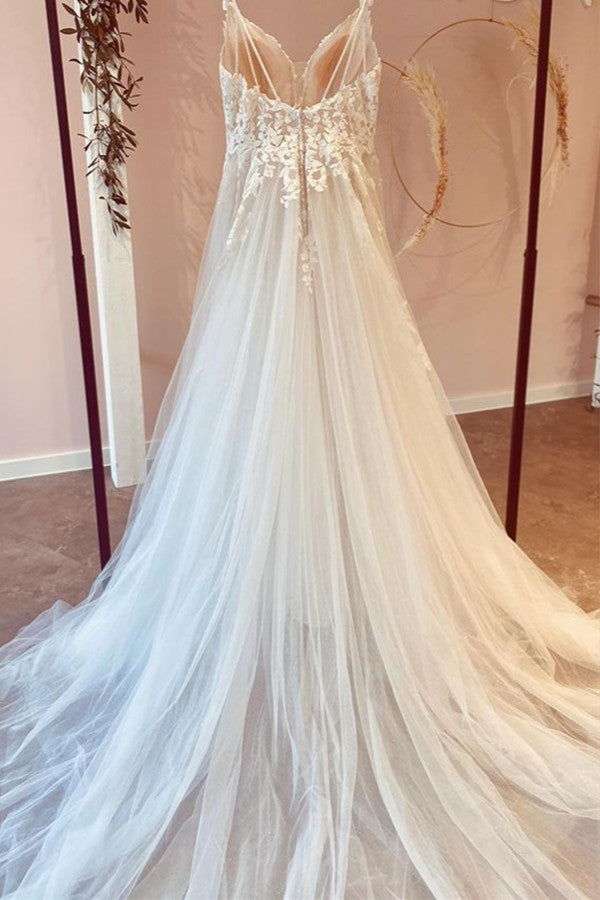 A-Line Sweetheart Appliques Lace Floor-length Wedding Dress with Ruffles Tulle