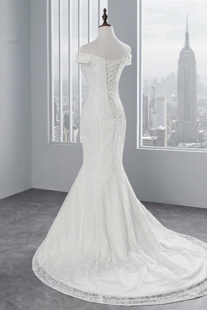 Elegant Off-the-shoulder Long Mermaid Wedding Dress With Lace