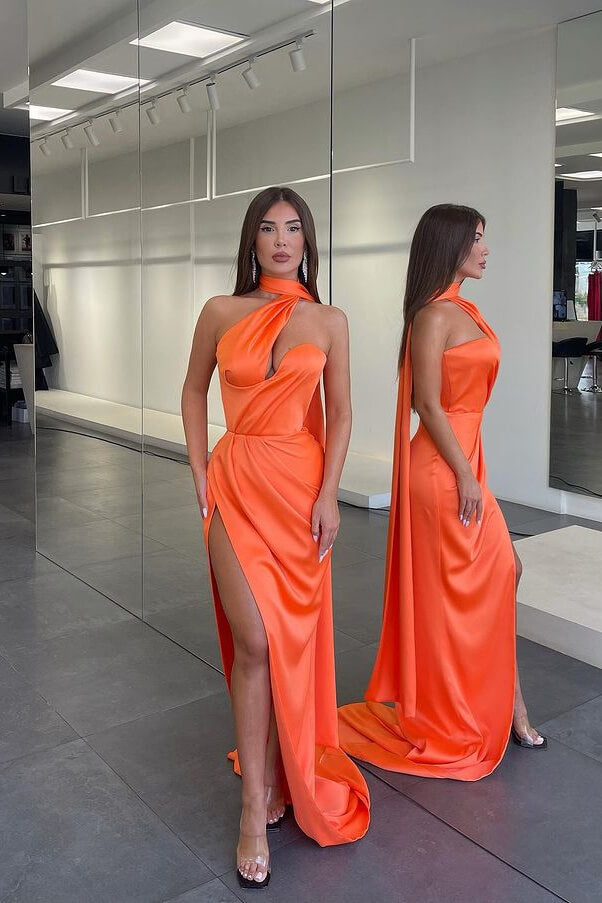Orange Sexy Halter Satin Mermaid Prom Dress with Long Split