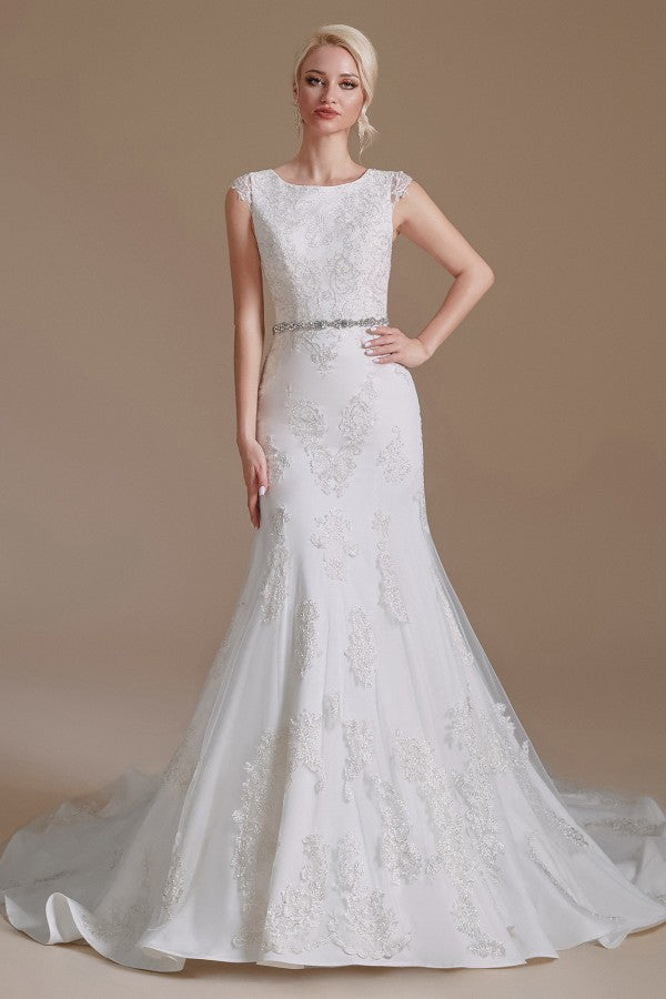 Gorgeous Jewel Mermaid Long Wedding Dress with Tulle Lace