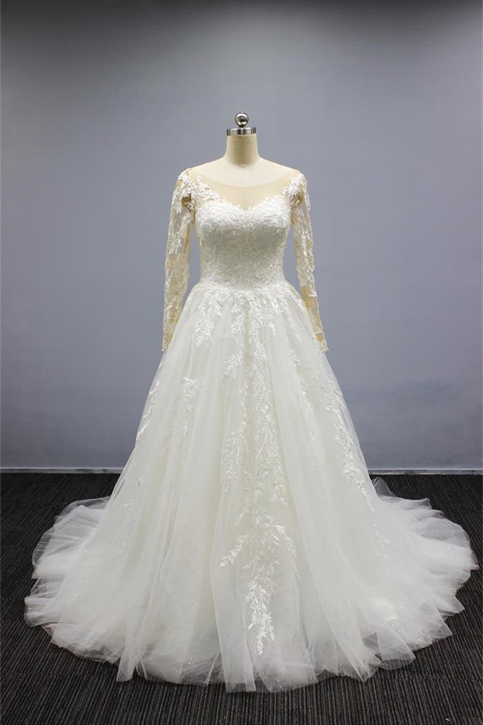 Elegant Long Sleeves A Line Wedding Dress with Sweetheart Neckline and Tulle Appliques