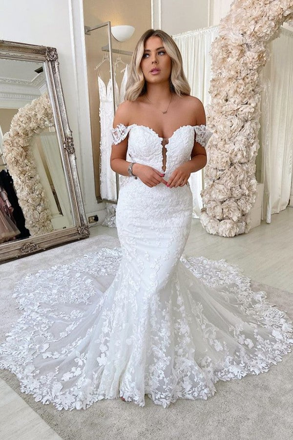 Gorgeous Off-the-shoulder Backless Long Mermaid Wedding Dress with Lace
