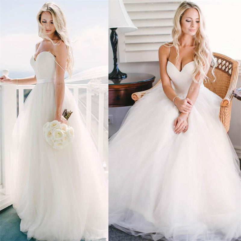 Stunning Tulle Long Spaghetti-Straps Wedding Dress