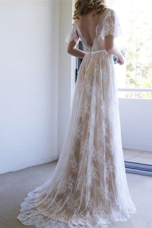 Lace Boho Short Sleeves Wedding Dress