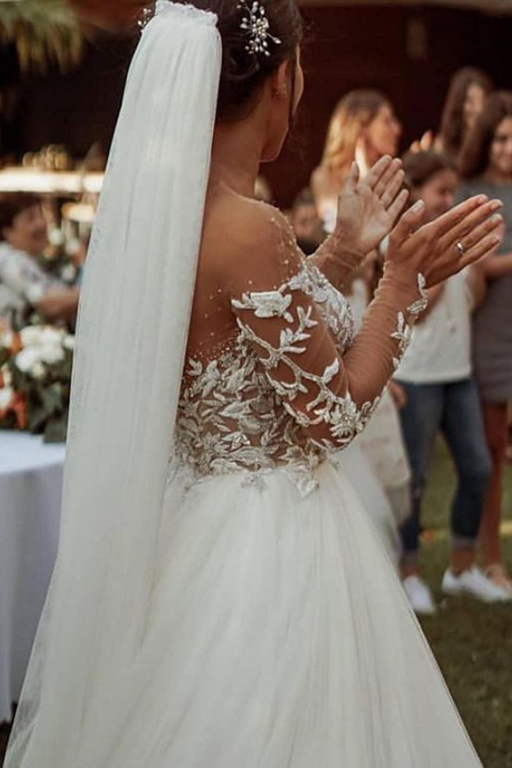 A-line Sheer Wedding Dress with Tulle Lace - Long Sleeves