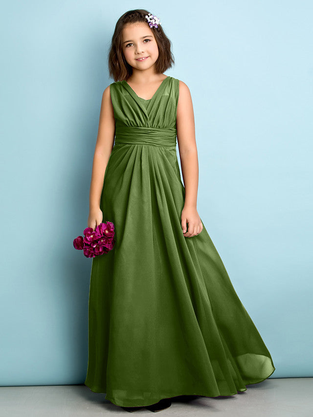 A-Line V Neck Chiffon Flower Girl Dress - Floor Length With Criss Cross Natural Mini Me