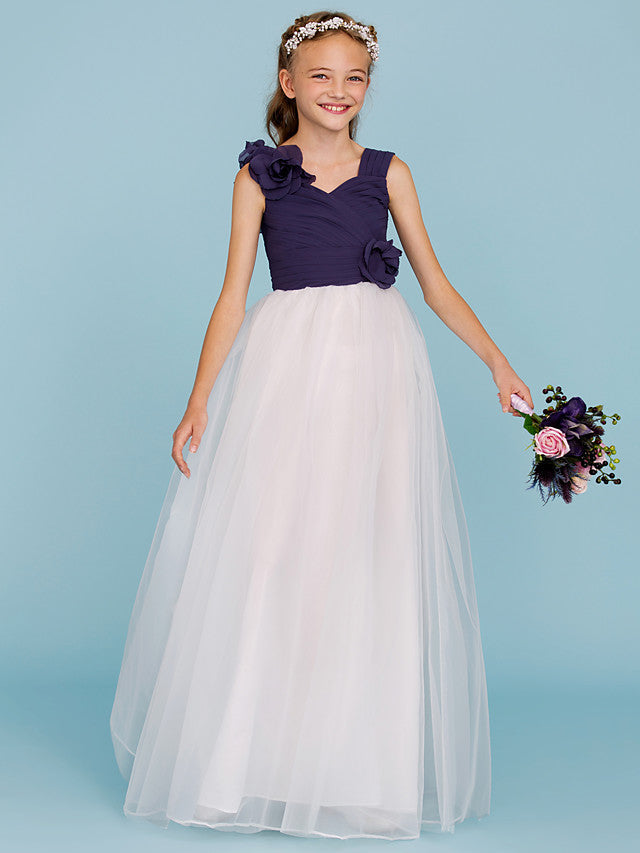 Princess A-Line Straps Floor Length Chiffon/Tulle Junior Bridesmaid Dress With Criss Cross/Ruched/Flower/Color Block/Floral/Wedding Party