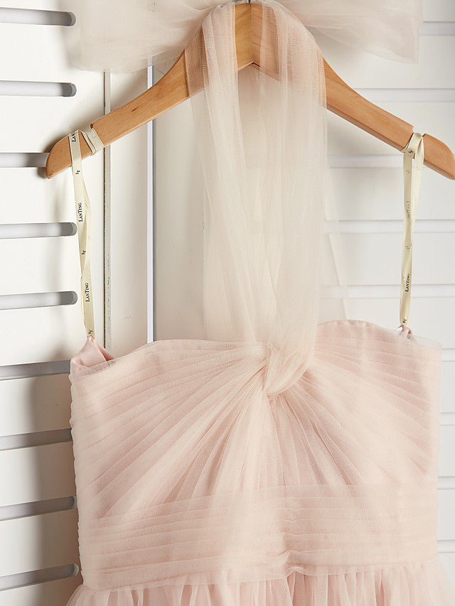 A-Line Halter Neck Floor Length Tulle Junior Bridesmaid Dress with Ruching