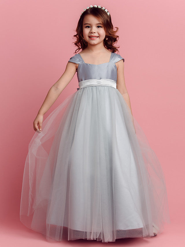 Short Sleeve Square Neck Ball Gown Pageant Dress with Taffeta Tulle Sash Ribbon & Bow