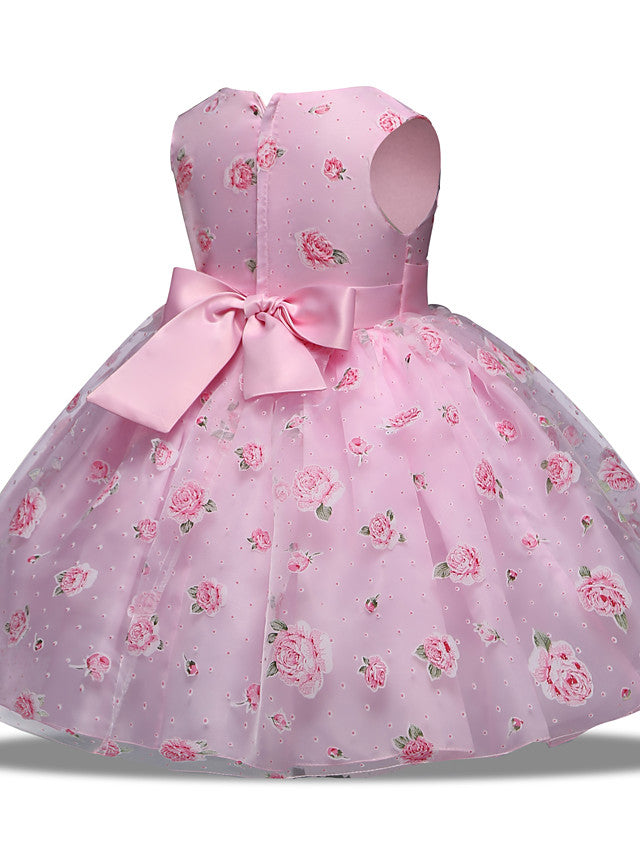 Princess Midi Wedding/Party Satin/Tulle Sleeveless Jewel Neck With Bow(s) Tier Pattern and Print