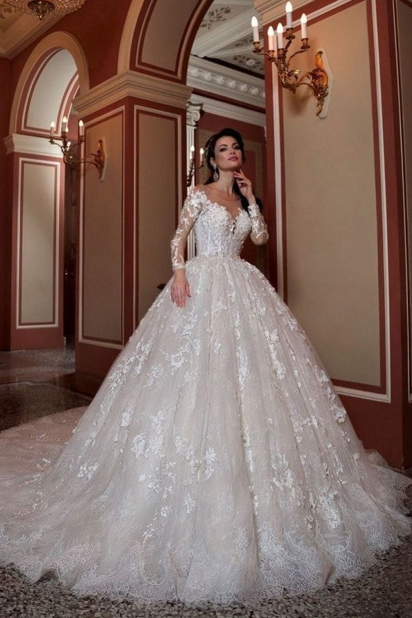 A-Line Long Sleeves Bateau Beading Train Wedding Dress with Appliques Lace
