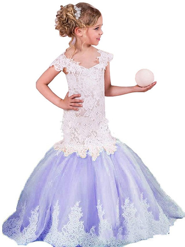 Lace Tulle Cap Sleeve Boat Neck Flower Girl Dress with Appliques Splicing