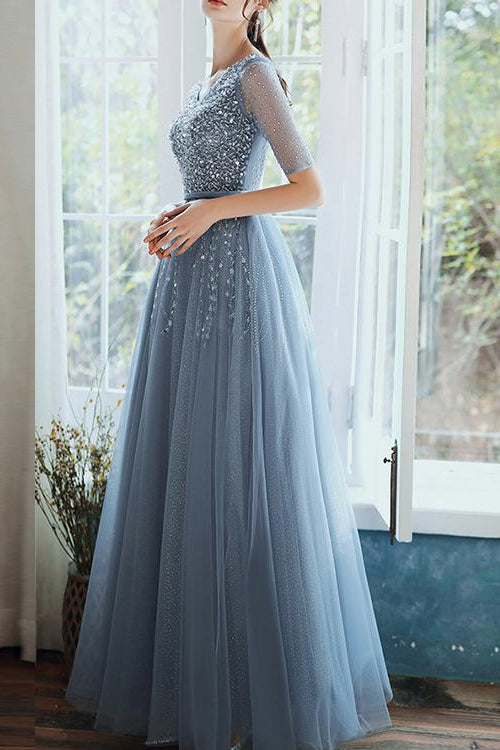 On Sale: Dusty Blue Lace-Up Evening Dress with Sequins - Hale Sleeves Long