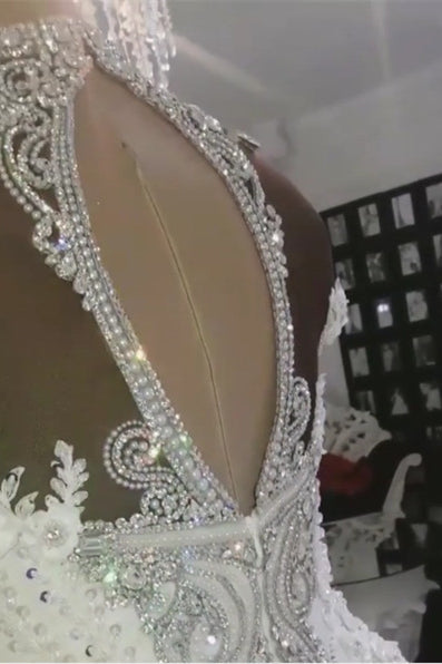 Stunning Off-the-Shoulder Mermaid Wedding Dress with Lace Appliques and High Collar