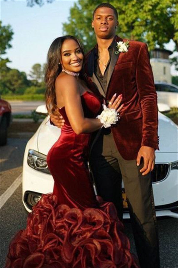 Fashion Red Business Suit with Black Velvet Shawl Lapel Reception Prom