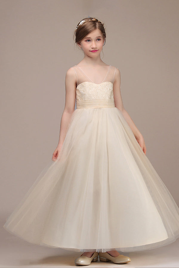 Princess Sheer Straps Sleeveless Flower Girl Dress with Lace and Tulle