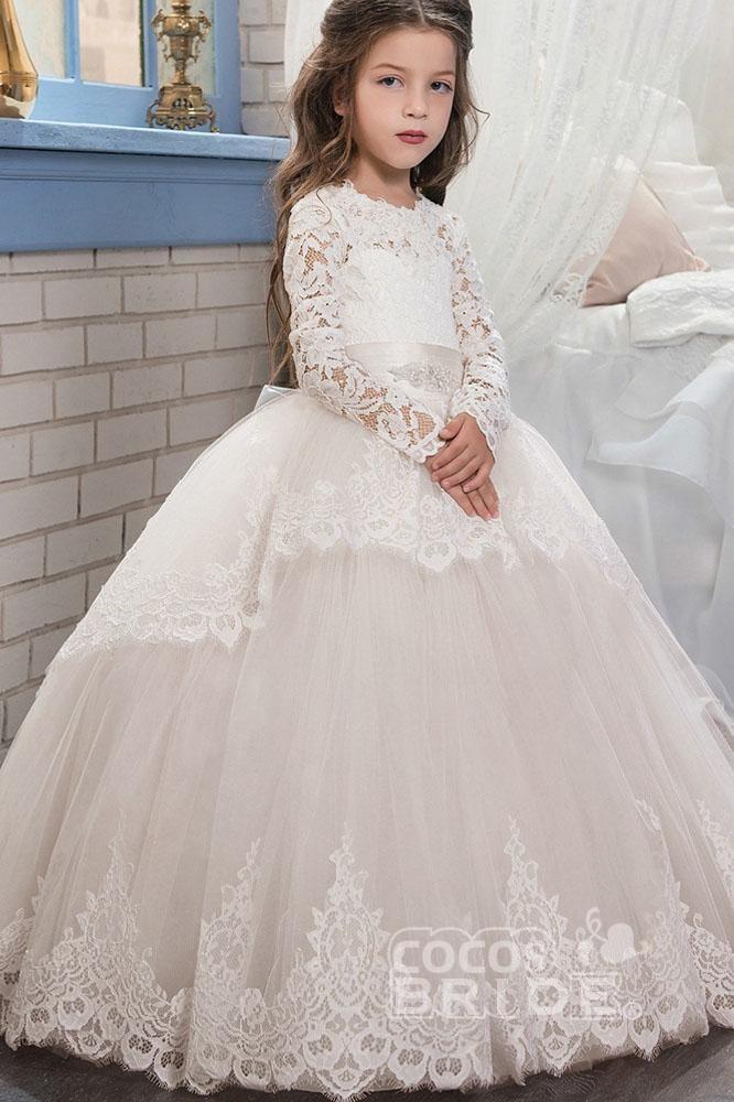 Lace-Trimmed Purple Ball Gown for Girls with Long Sleeves & Scoop Neck