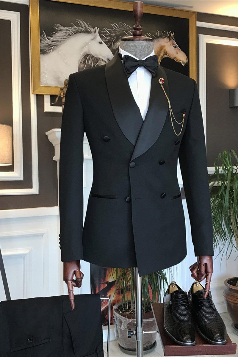 Abner Stylish Black Double Breasted Slim Fit Tailored Men Suit with Shawl Lapel