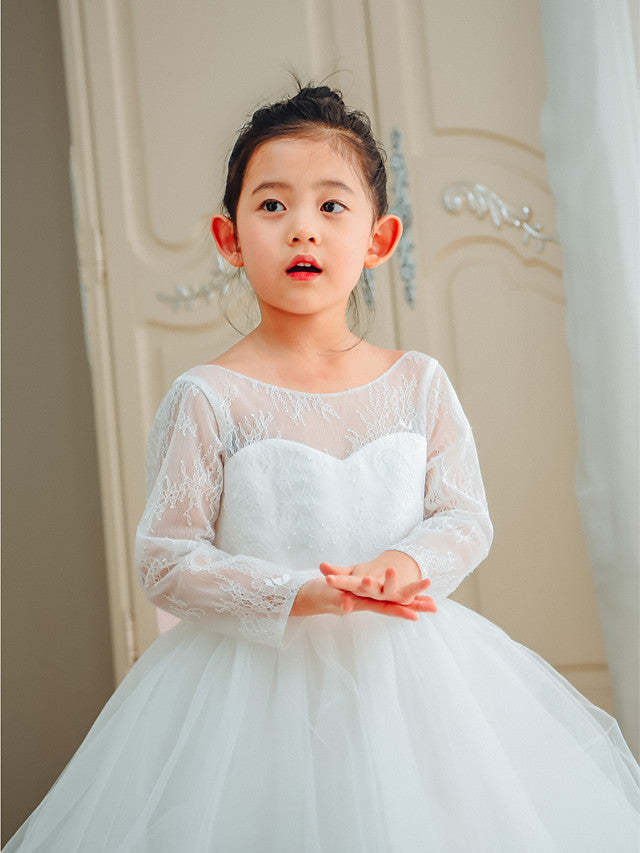 Long Sleeve Flower Girl Dress with Lace Tulle and Bows Belt