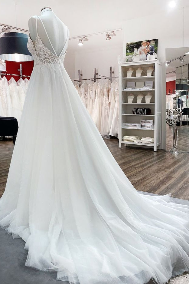 A-line Tulle Wedding Dress with Sequins Ruffles and Long V-neck Backless Style