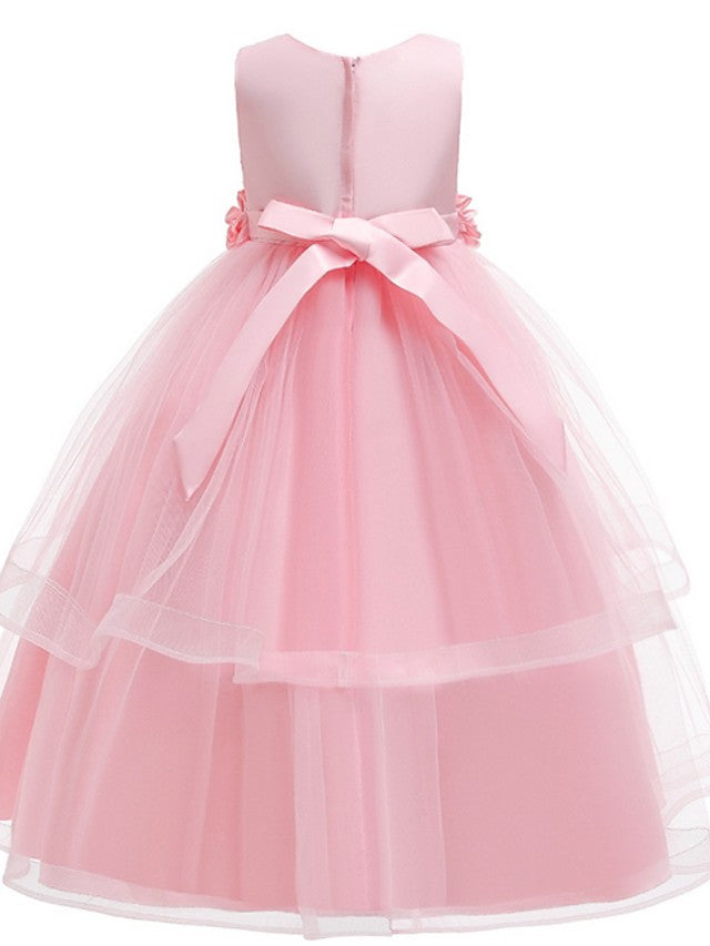 Princess Sleeveless Flower Girl Dress with Bow Appliques and Round Floor Length