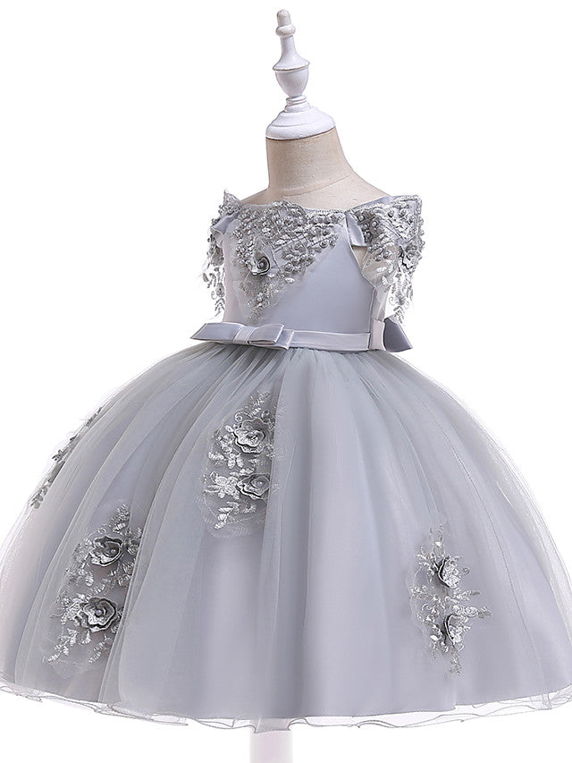 A-Line Short Sleeve Off Shoulder Flower Girl Dress with Petal Sash Ribbon Trim