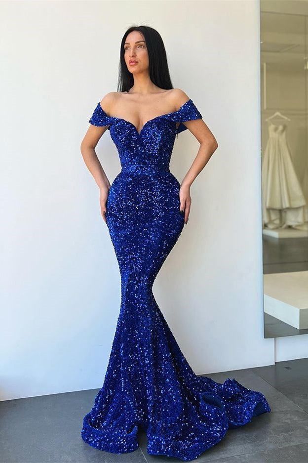 Royal Blue Sweetheart Evening Dress with Off-The-Shoulder & Sequins Mermaid Design