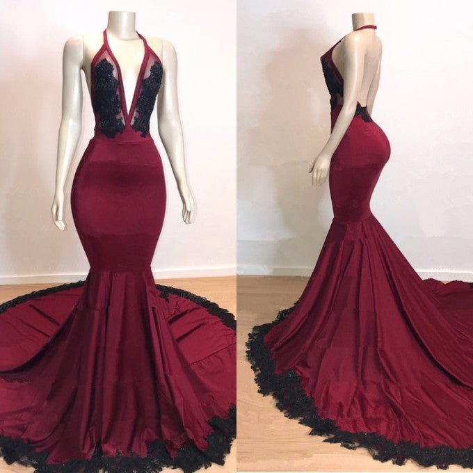 Burgundy V-Neck Halter Mermaid Evening Dress with Applique