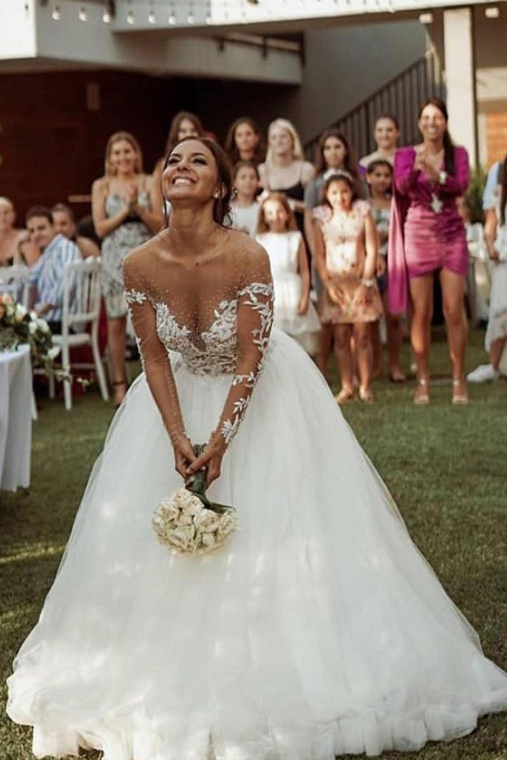 A-line Sheer Wedding Dress with Tulle Lace - Long Sleeves