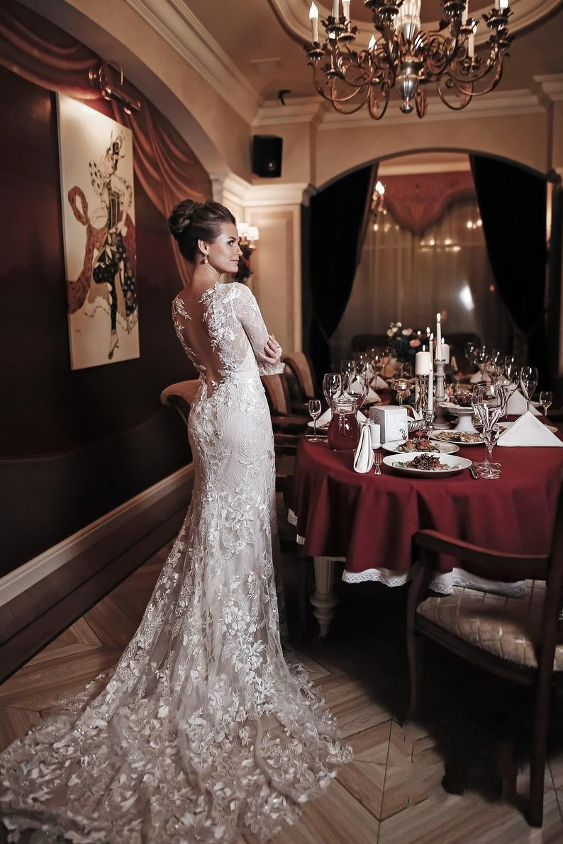 Unique Long Sleeve Mermaid Wedding Dress with Appliques Lace