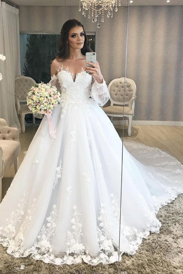 Elegant Long Princess Wedding Dress With Tulle Bubble Sleeves