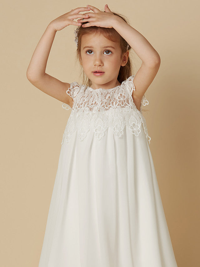 Column Short Sleeve Scoop Neck Lace Flower Girl Dresses