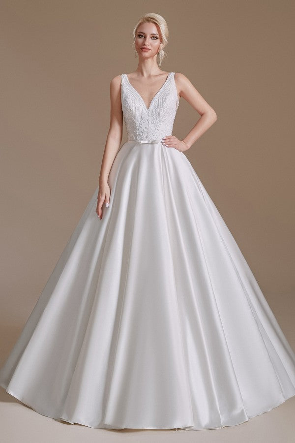 Long A-line V-neck Satin Wedding Dress with Appliques Lace
