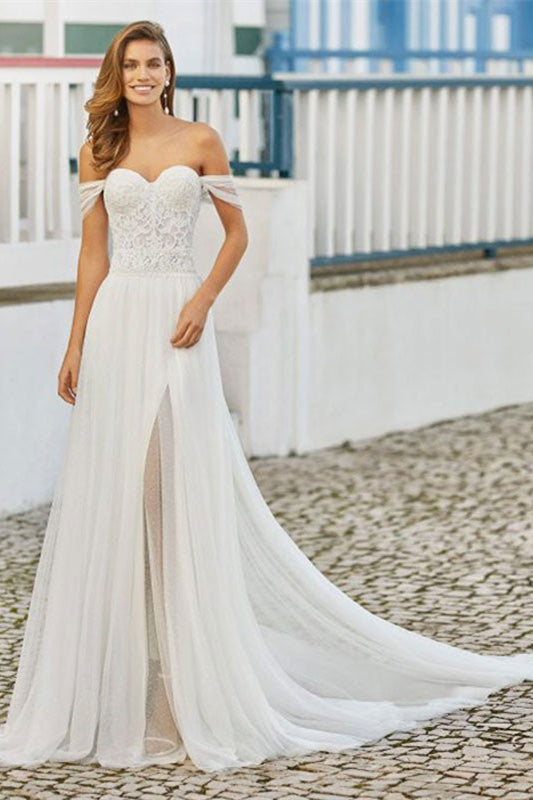 Lace Off-the-Shoulder Split Wedding Dress