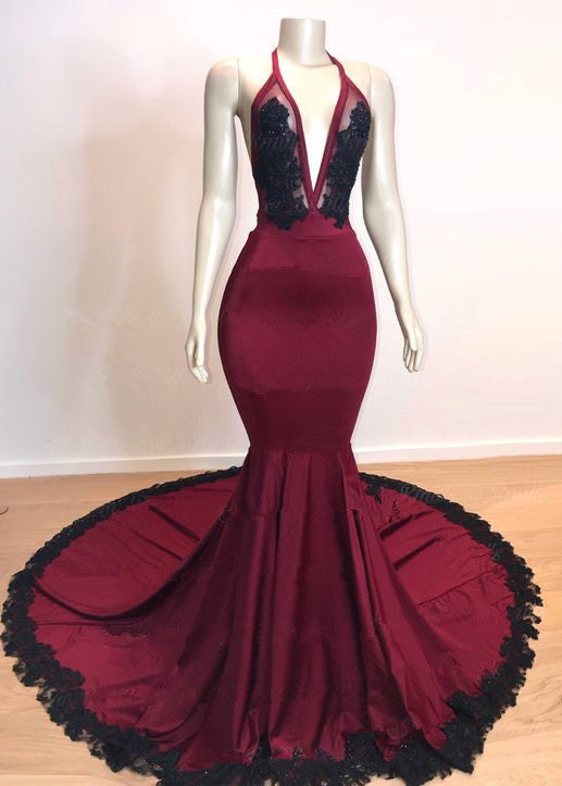 Burgundy V-Neck Halter Mermaid Evening Dress with Applique