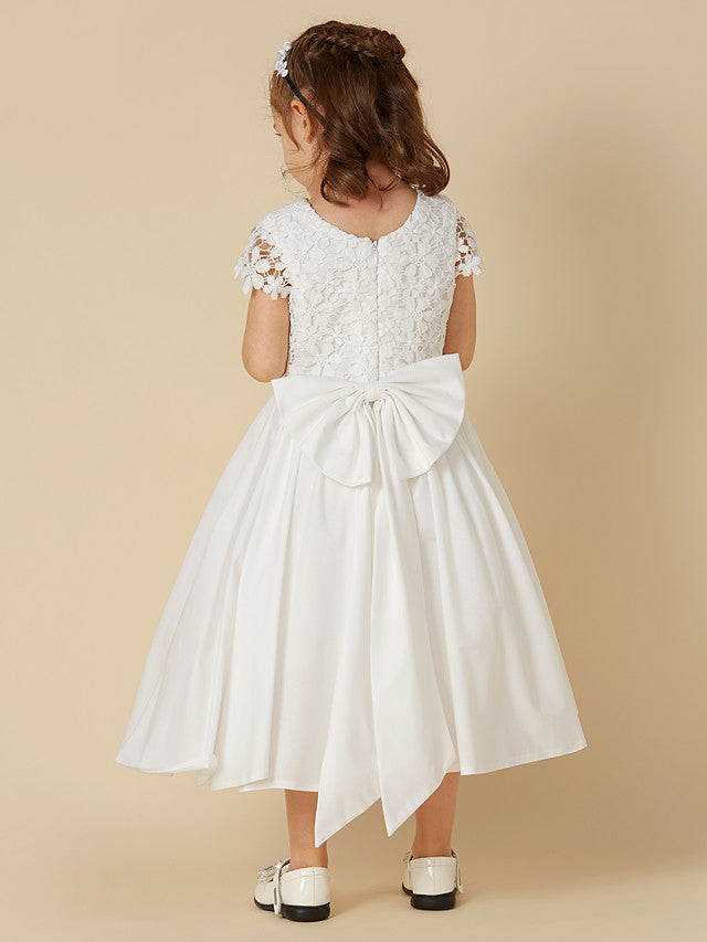 Adorable A-Line Short Sleeve Dress for Girls in Lace Cotton with Bow