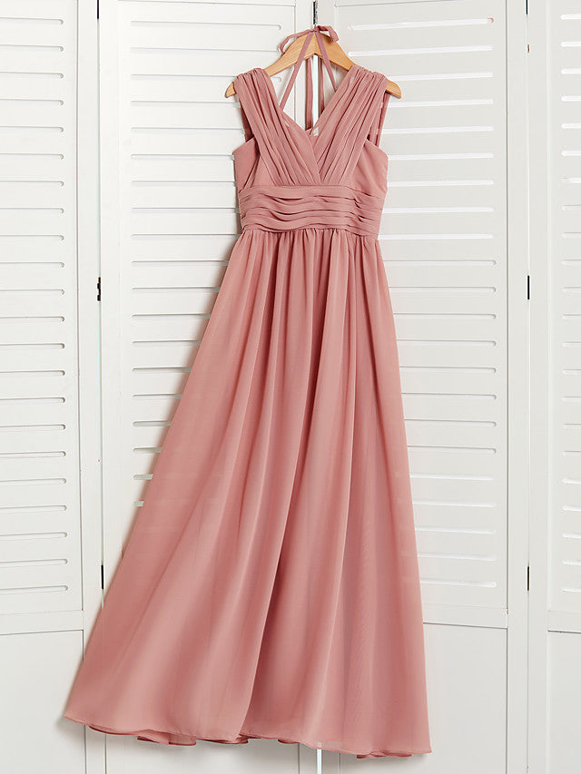 A-Line V Neck Flower Girl Dress with Pleats Ruching and Maxi Chiffon