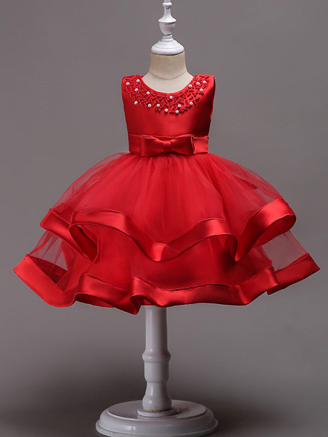 Knee Length Flower Girl Dresses With Faux Pearl Bow Beading