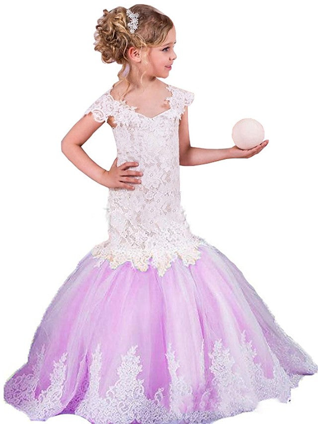 Lace Tulle Cap Sleeve Boat Neck Flower Girl Dress with Appliques Splicing