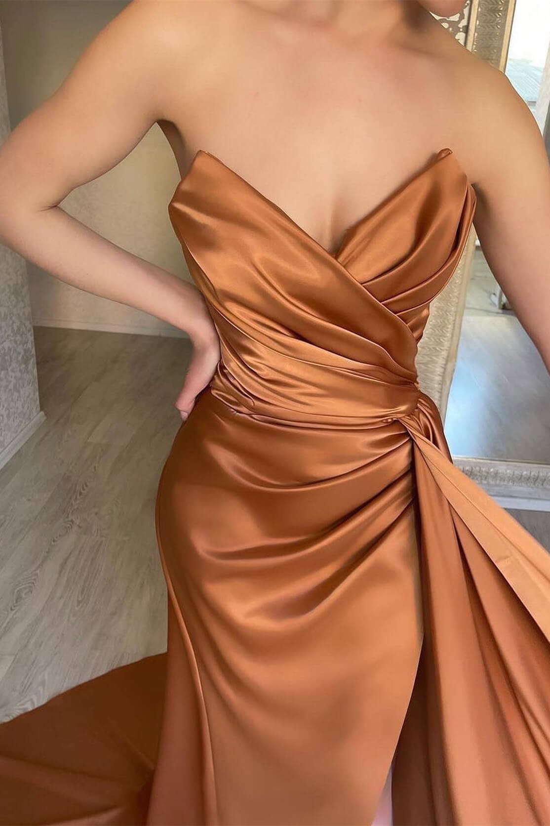 Brown Sweetheart Mermaid Prom Dress with Ruffles and Split Sleeveless