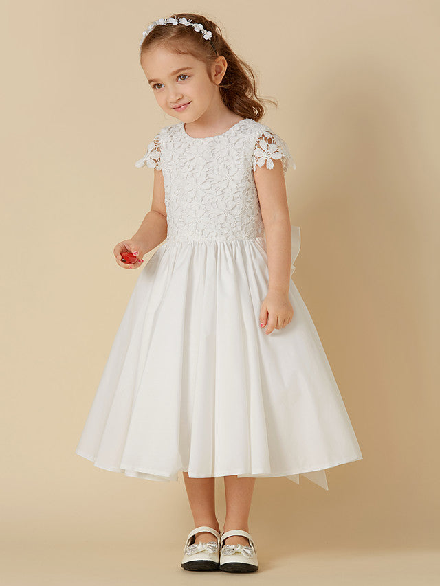 Adorable A-Line Short Sleeve Dress for Girls in Lace Cotton with Bow
