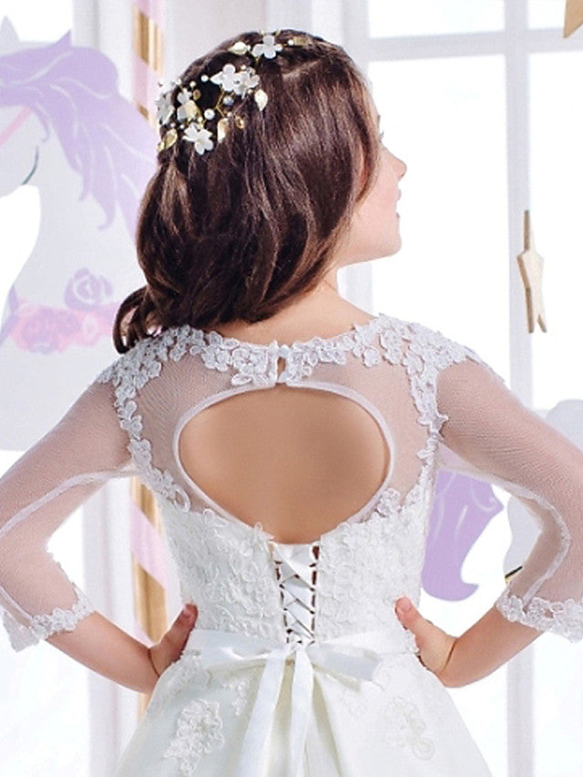 Princess 3/4 Length Sleeve Jewel Neck Flower Girl Dresses with Cotton Lace and Lace Appliques