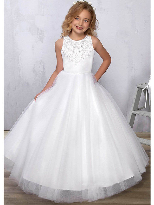 Beautiful Sleeveless Jewel A-Line Floor Length Flower Girl Dress Satin Tulle With Beadings