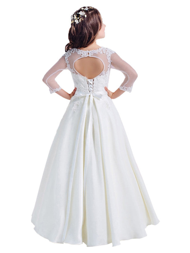 Princess 3/4 Length Sleeve Jewel Neck Flower Girl Dresses with Cotton Lace and Lace Appliques