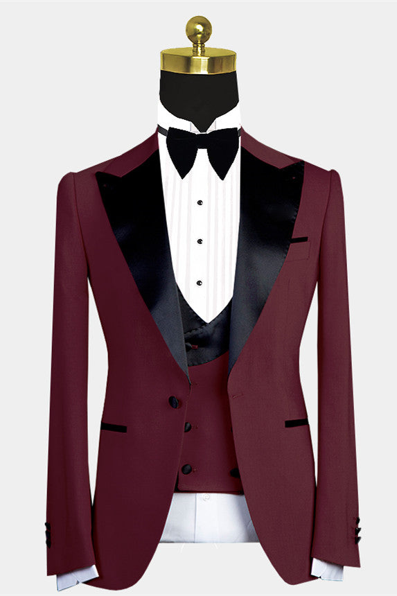 Modern Burgundy Slim Fit Wedding Suit For Men With Black Lapel